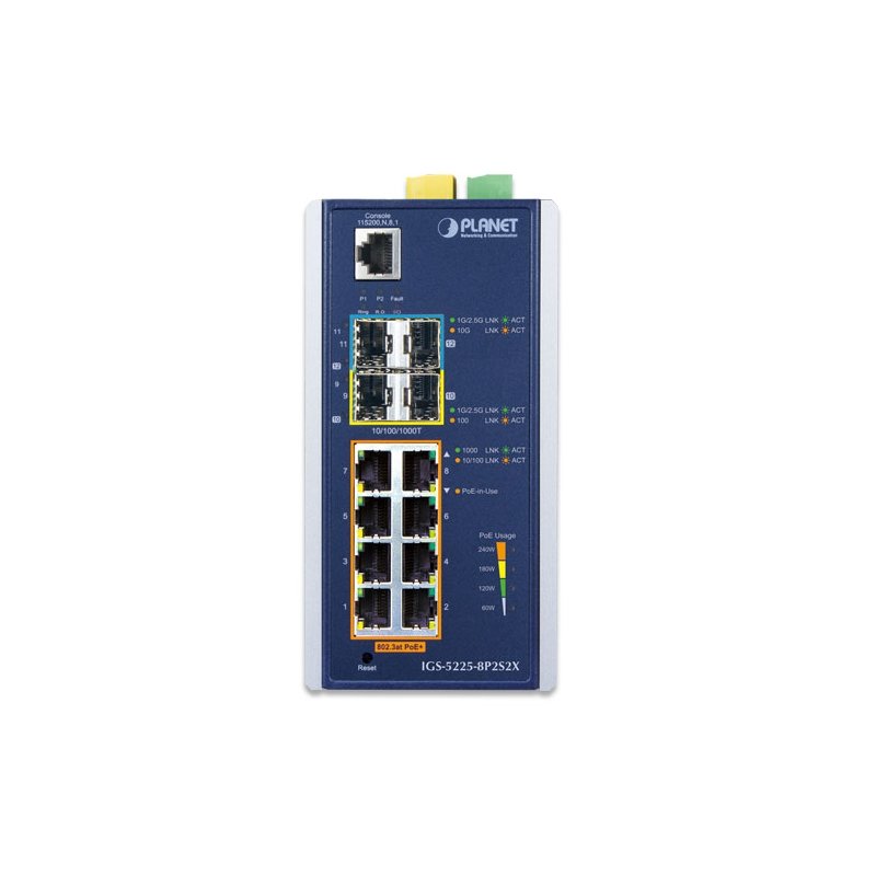 коммутатор/ PLANET IP30 Industrial L2+/L4 8-Port 1000T 802.3at PoE+ 2-port 100/1000X SFP + 2-port 10G SFP+ Full Managed Switch (-40 to 75 C, dual redundant power input on 48~56VDC terminal block, DIDO), IGS-5225-8P2S2X