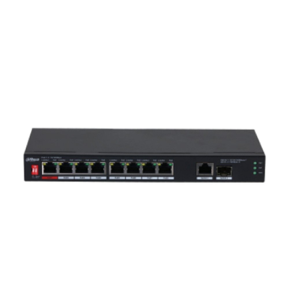 DAHUA DH-PFS3110-8ET1GT1GF-96 10-портовый неуправляемый коммутатор с PoE, 8xRJ45 10/100Mb PoE, 1xRJ45 1Gb uplink, 1xSFP 1Gb uplink, суммарно 96Вт, коммутация 5.6 Гбит/с, MAC-таблица 8К, металл