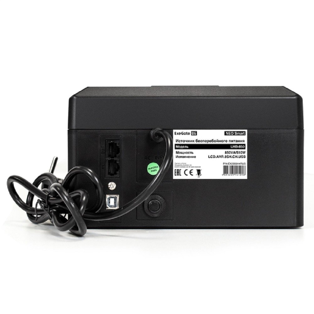 Exegate EX295014RUS ИБП ExeGate NEO Smart LHB-850.LCD.AVR.8SH.CH.RJ.USB <850VA/510W, LCD, AVR, 8*Schuko, RJ45/11, USB, 4*USB-порта для зарядки, Black>