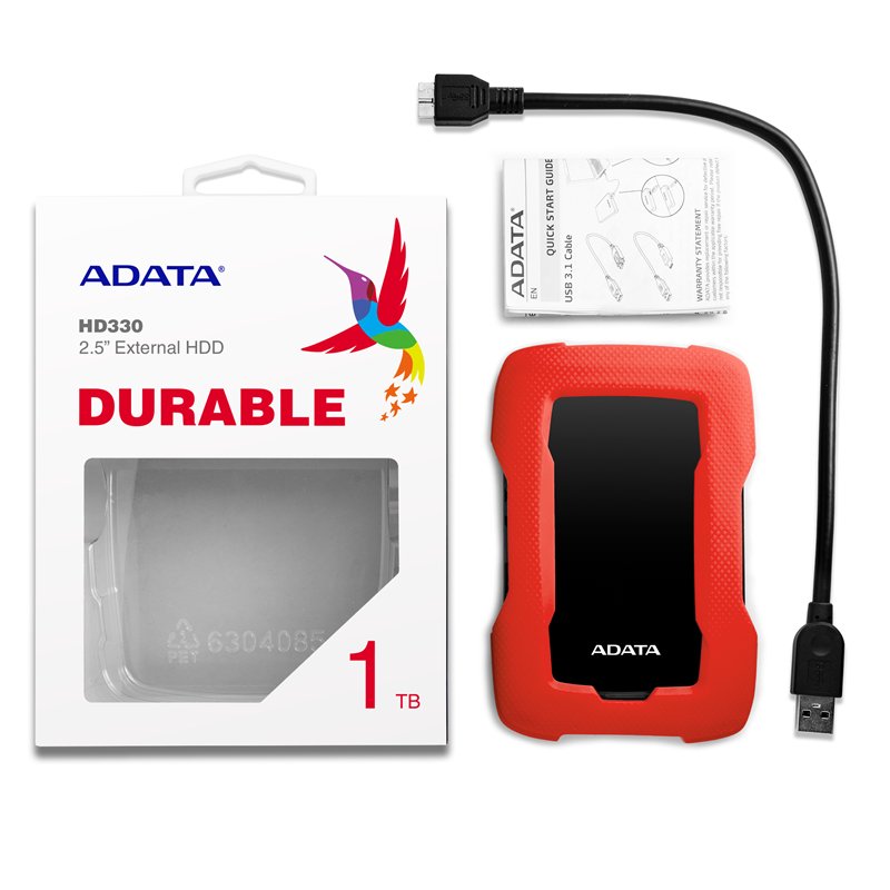 Внешний жесткий диск/ Portable HDD 1TB ADATA HD330 (Red), Silicone, USB 3.2 Gen1, 133x89x16mm, 190g /3 года/, AHD330-1TU31-CRD