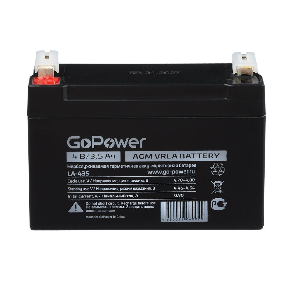 Аккумулятор свинцово-кислотный GoPower LA-435 4V 3.5Ah клеммы T1/ F1 (1/9/20), 00-00015320