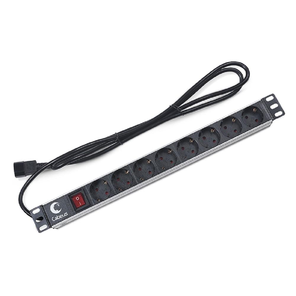 Cabeus  PDU-8P-2IEC  Блок евророзеток для 19" шкафов, горизонтальный, 8 розеток, 10 A, выключатель, алюминиевый корпус, шнур 2 м, вилка IEC 320 C14