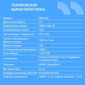 CBR LCD Монитор 27" MD-2702, IPS, QHD 2K 2560x1440, 100Гц, Динамики 2*3W, HAS, Pivot, 1*DP/1*HDMI, внутренний БП, FreeSync, черный, кабель HDMI 1.5м [LCD-MD2702-OPC]