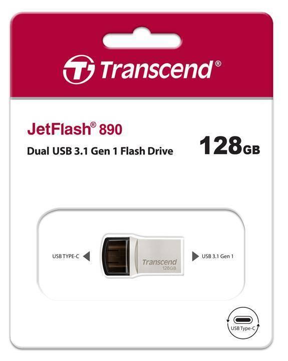 Флеш накопитель 128GB Transcend JetFlash 890, USB 3.1 Gen 1, OTG Type-A/Type-C, серебряный, TS128GJF890S
