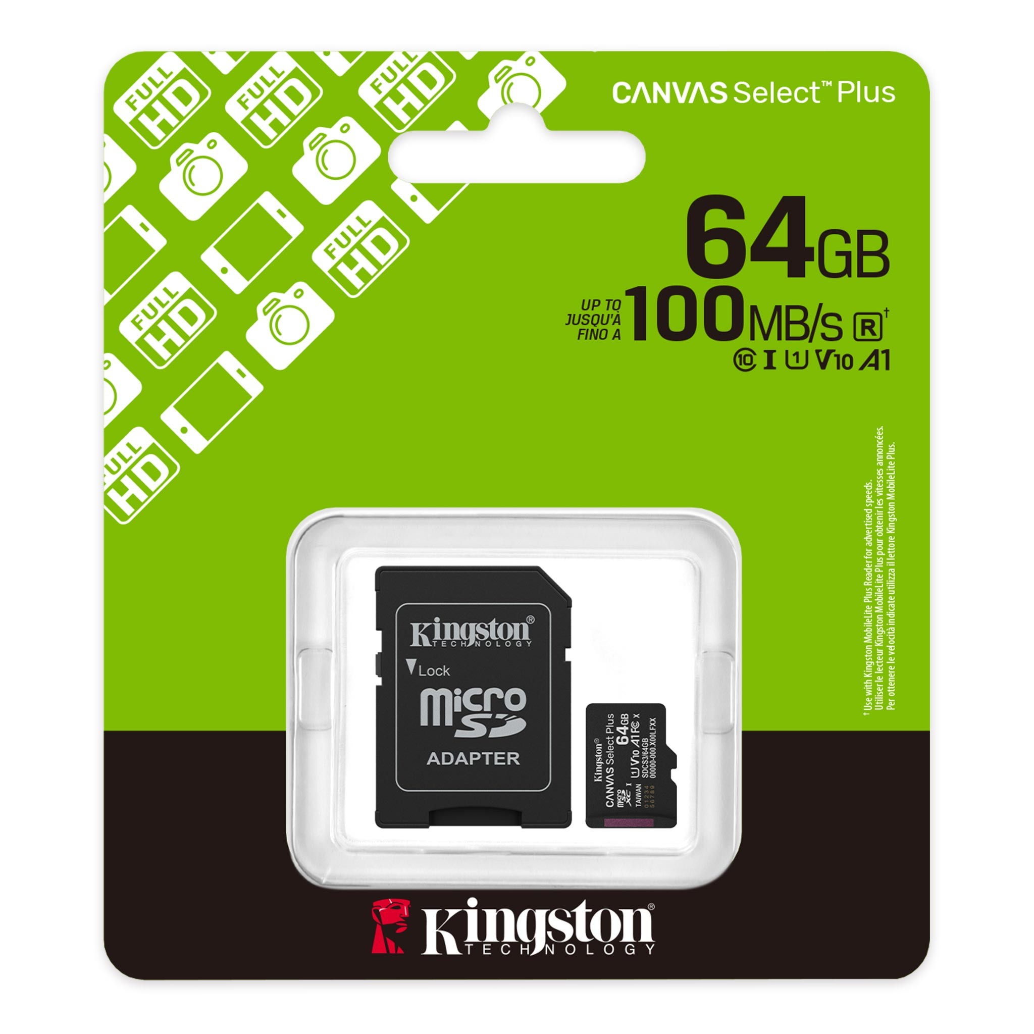 Флеш карта microSD 64GB Kingston microSDXC Class 10 UHS-I U1 A1 V 10 Select Plus (SD адаптер) 100MB/s, SDCS3/64GB