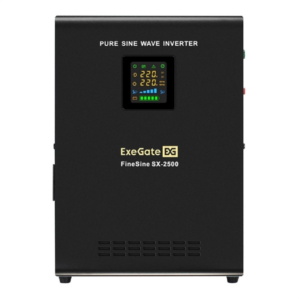 Exegate EX296002RUS ИБП (инвертор, синус, для котла) настенный ExeGate FineSine SX-2500.LCD.AVR.2SH <2500VA/1800W, чистая синусоида, цветной LCD-дисплей, AVR, 2*Schuko, линейно-интерактивный, внешняя 