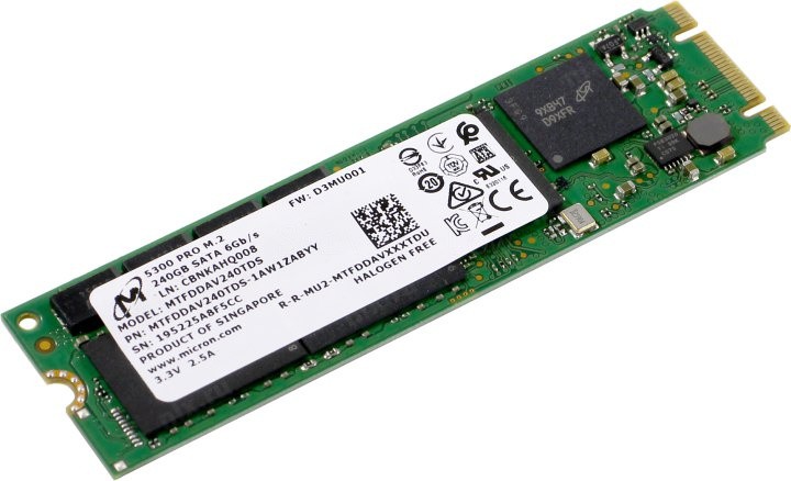 Твердотельный накопитель/ Micron SSD 5300 PRO, 240GB, M.2(22x80mm), SATA3, 3D TLC, R/W 540/310MB/s, IOPs 67 000/40 000, TBW 657, DWPD 1.5 (12 мес.), MTFDDAV240TDS-1AW1ZABYY