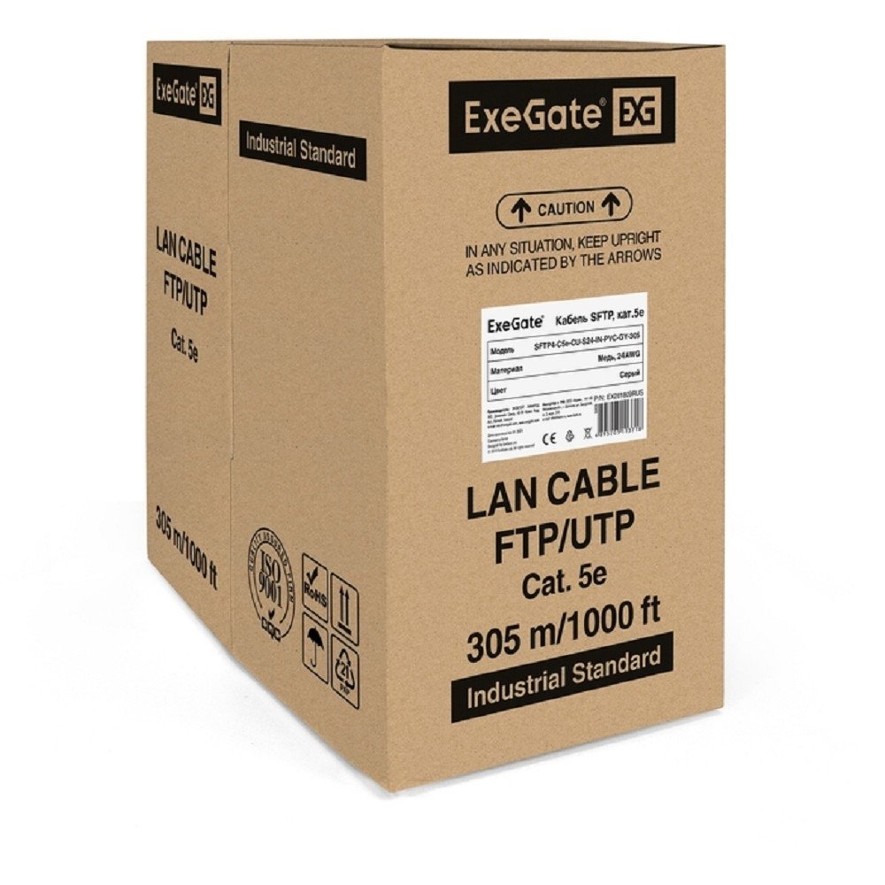 Exegate EX281809RUS Кабель ExeGate SFTP4-C5e-CU-S24-IN-PVC-GY-305 SFTP 4 пары кат.5e Exegate медь, 24AWG, экран, бухта 305м, серый, PVC