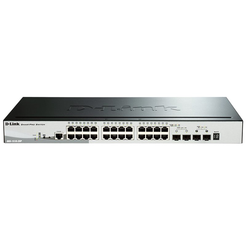 Сетевой коммутатор/ Gigabit Stackable SmartPro Switch with 24 10/100/1000Base-T PoE ports, 2 Gigabit SFP, 2 10G SFP+  ports, DGS-1510-28P/A1A