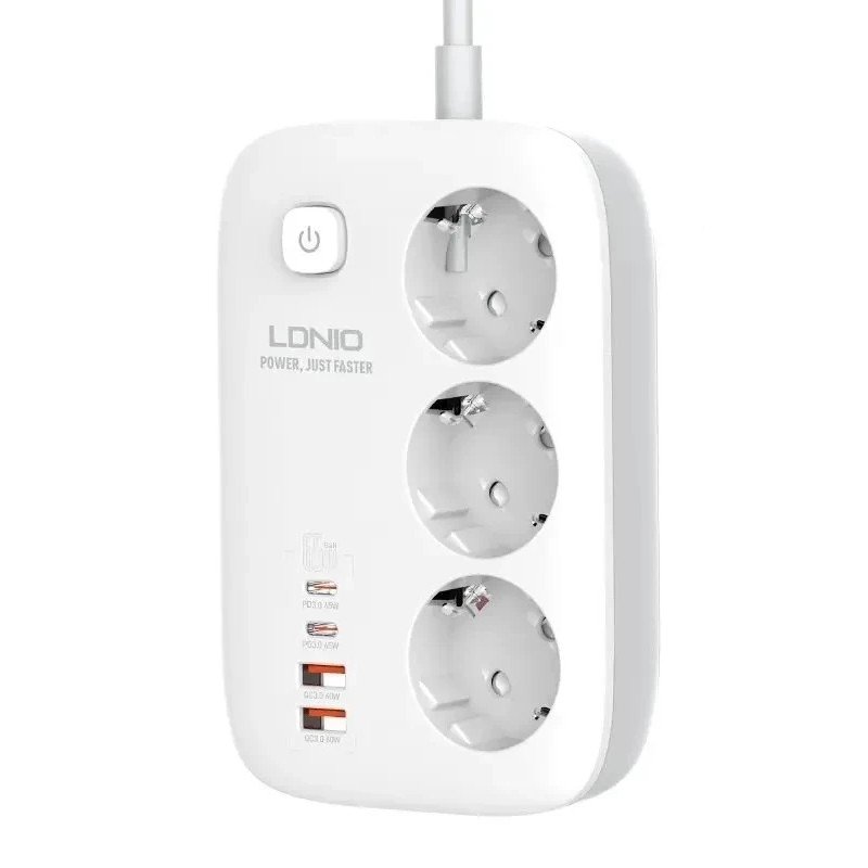 LDNIO SE3436/ Сетевой удлинитель 2м/ 3 розетки/ 3250W/ 4 USB: QC 4.0+PD 3.0+PPS/ GAN 65W/ White, LD_D0425