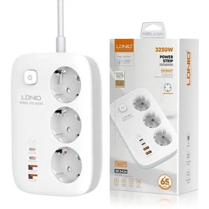 LDNIO SE3436/ Сетевой удлинитель 2м/ 3 розетки/ 3250W/ 4 USB: QC 4.0+PD 3.0+PPS/ GAN 65W/ White, LD_D0425