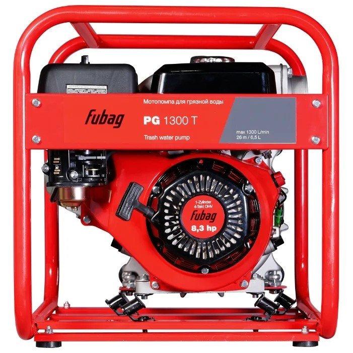 FUBAG PG1300T [838247] { Мотопомпа для сильнозагрязненной воды 1300 л/мин. 80 / 3 Диаметр патрубков, мм/дм 26 Напор, м 8 Глубина всасывания, м 53 Вес, кг  }