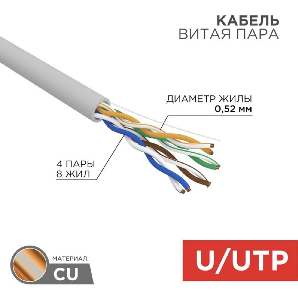Rexant (02-0004) Кабель витая пара, U/UTP, CAT 5e, ZH нг(А)-HF, 4х2х0,52мм, 24AWG, INDOOR, SOLID, серый, 305м PRO