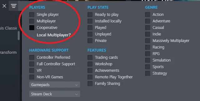 фильтр локального кооператива в Steam